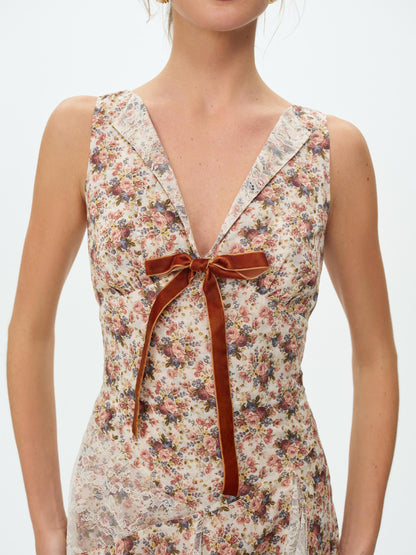 Betsy Floral Midi Dress Cream Brown - For Love & Lemons