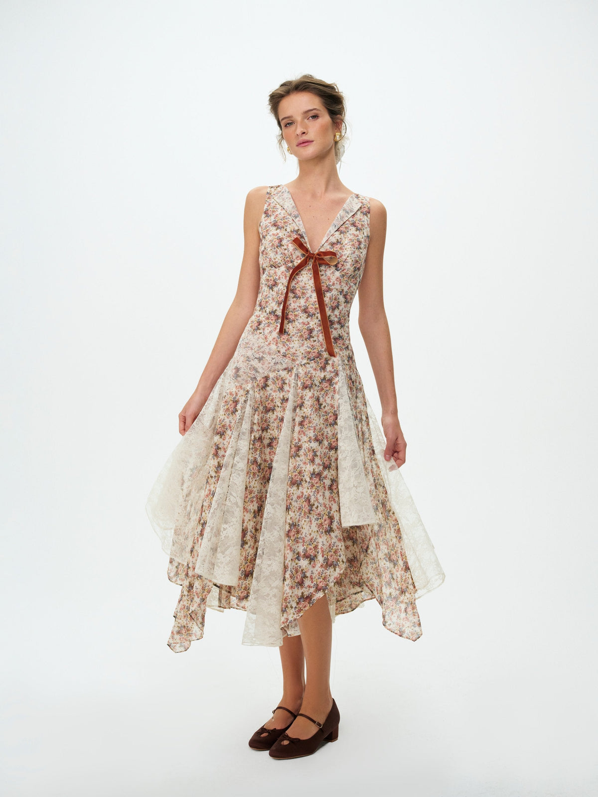 Betsy Floral Midi Dress Cream Brown - For Love & Lemons