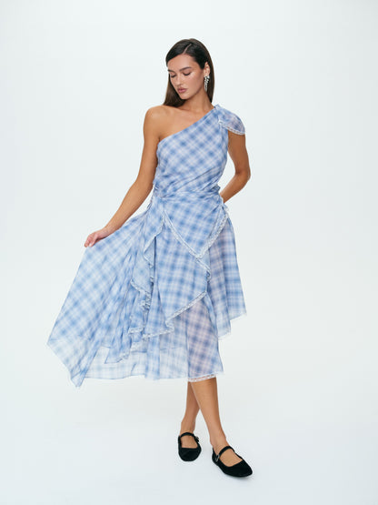 Bluebird Plaid Midi Dress Blue - For Love & Lemons