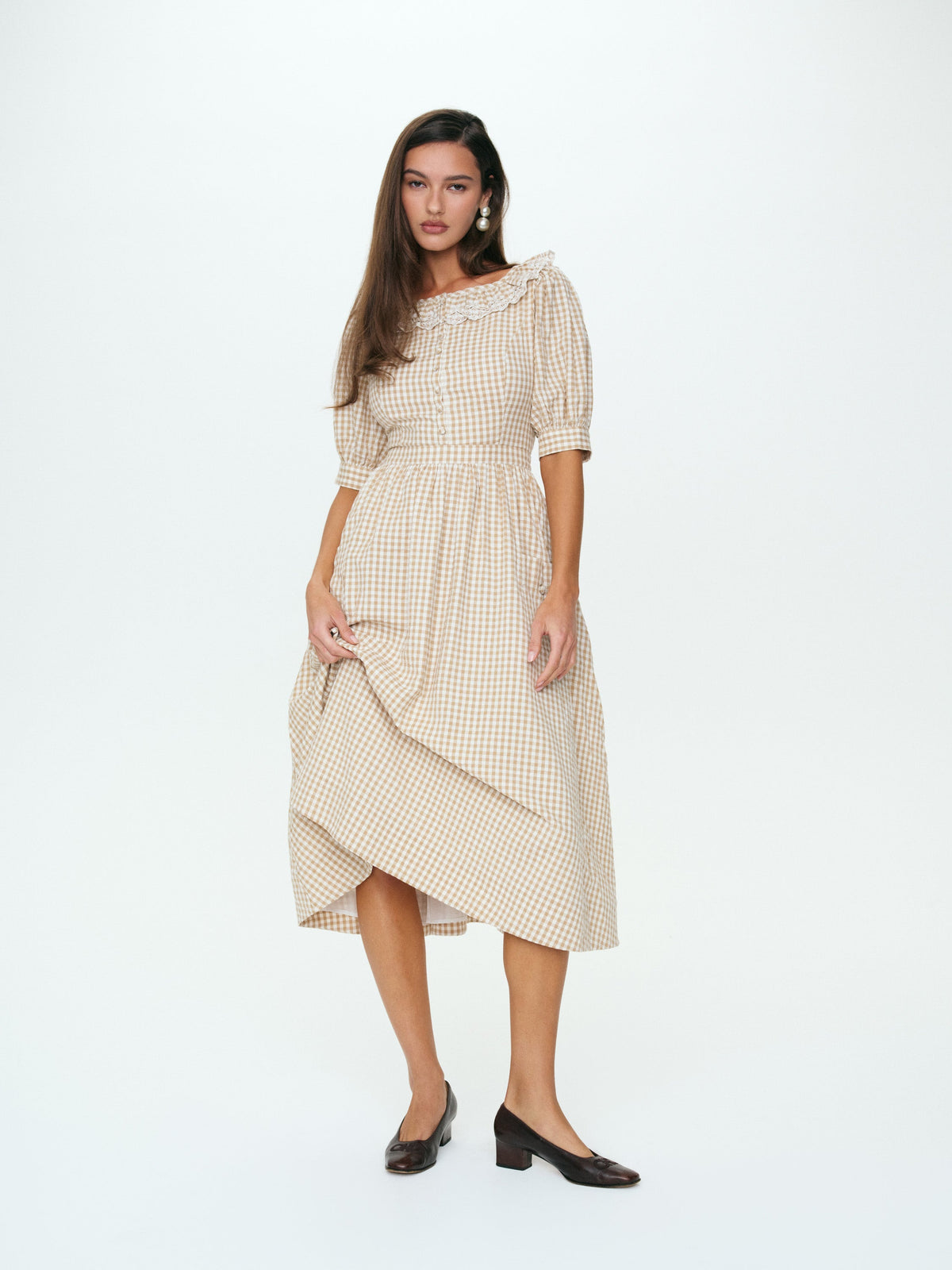 Bradford Gingham Midi Dress Tan - For Love & Lemons