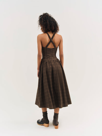 University Plaid Midi Dress Brown - For Love & Lemons