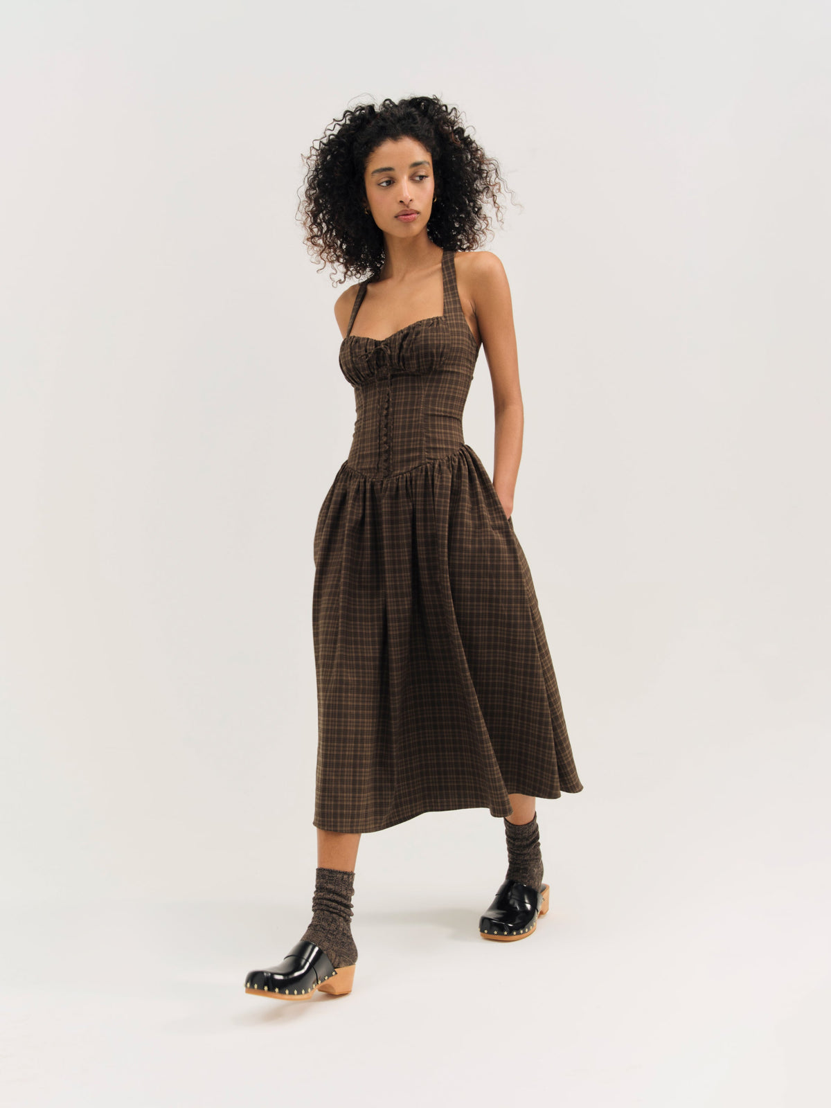 University Plaid Midi Dress Brown - For Love & Lemons