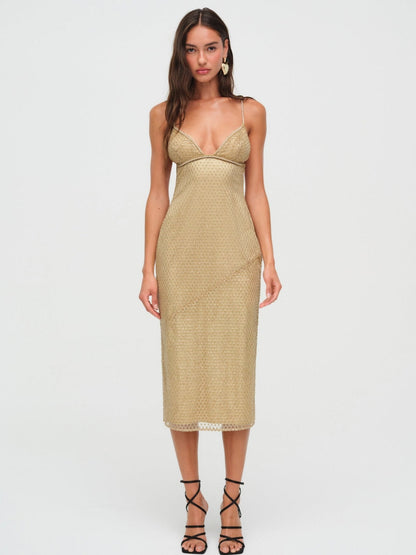 Glitter Grid Midi Dress Gold - For Love & Lemons