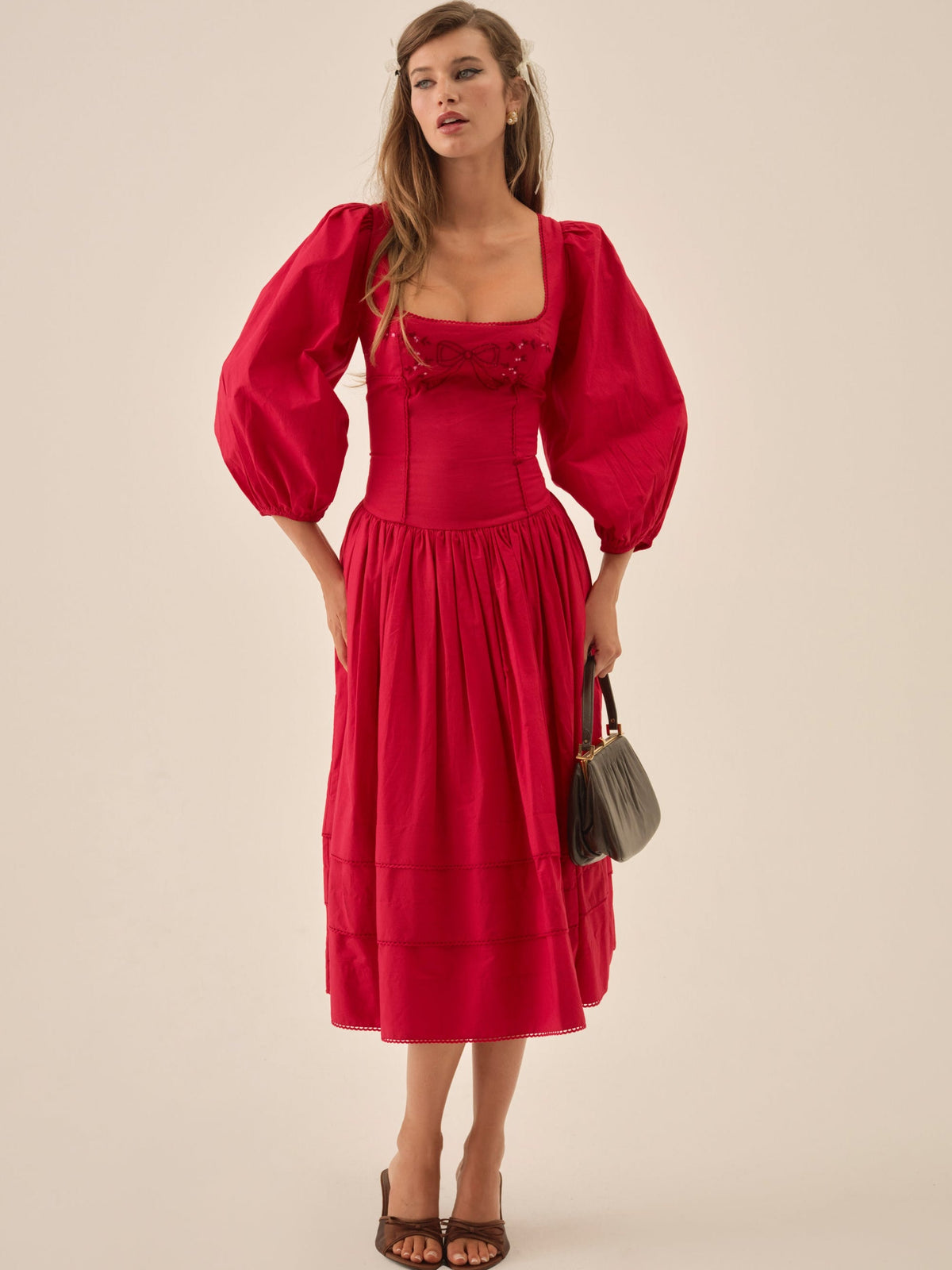 Betsy Bow Midi Dress Red - For Love & Lemons