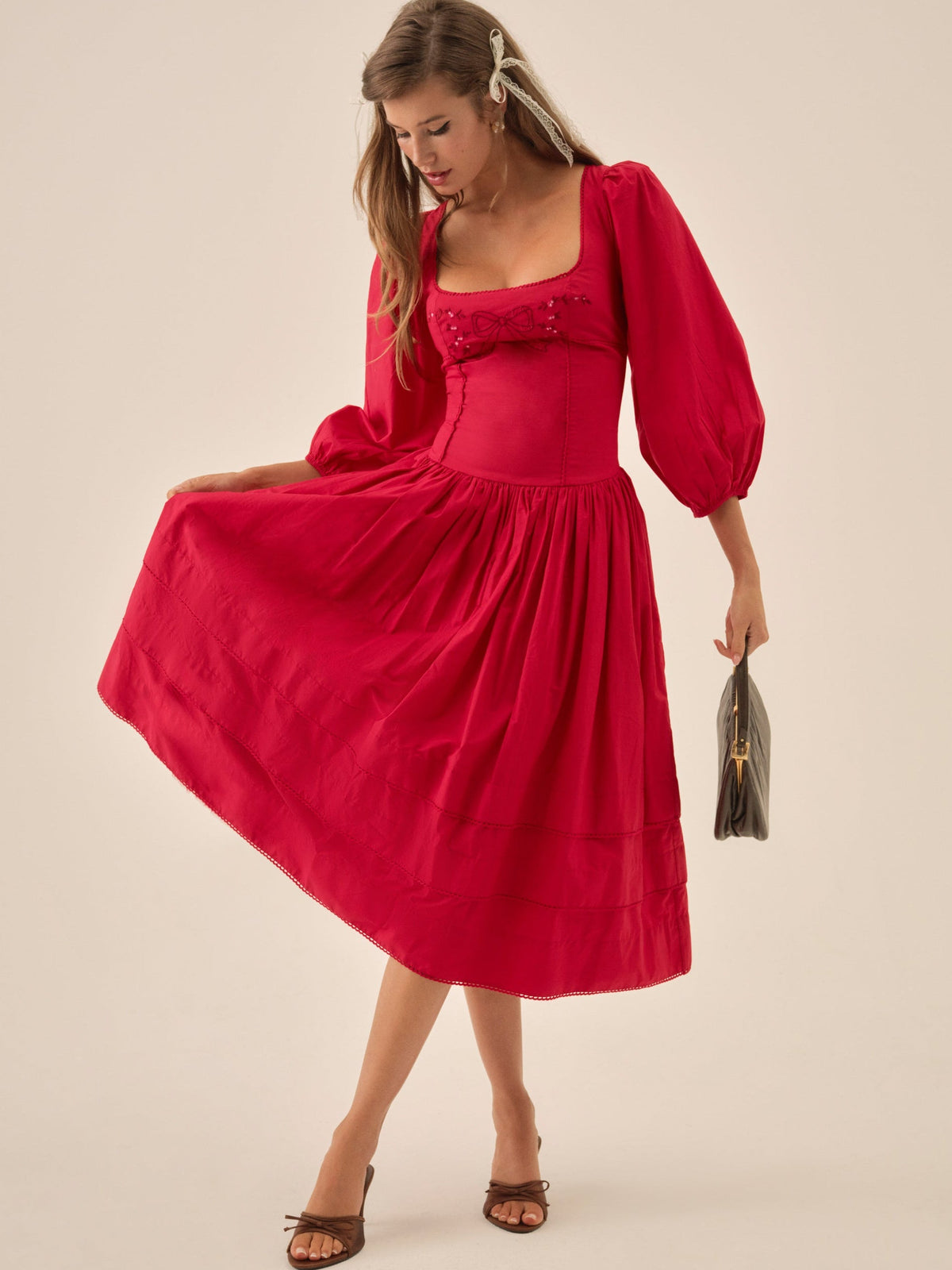 Betsy Bow Midi Dress Red - For Love & Lemons