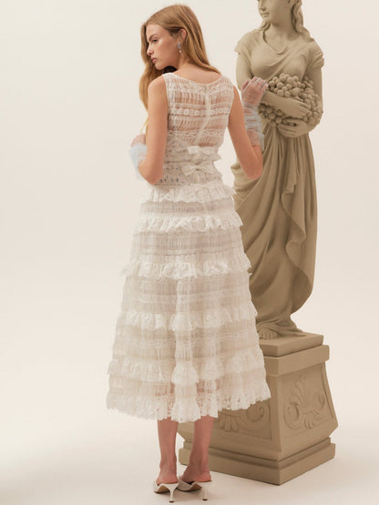 Ruffle Bows Midi Dress White - For Love & Lemons