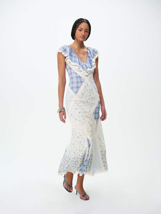 Bluebird Plaid Maxi Dress Blue - For Love & Lemons