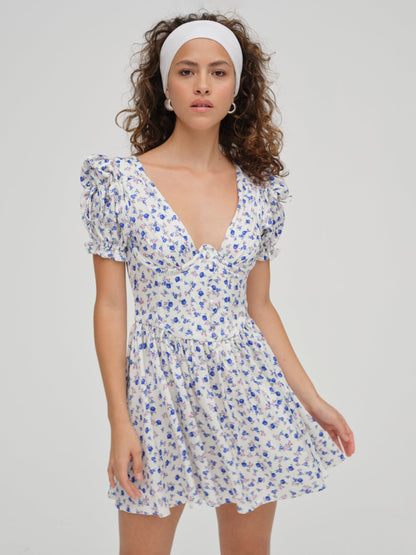 Paulina Puff Sleeve Dress Blue - For Love & Lemons
