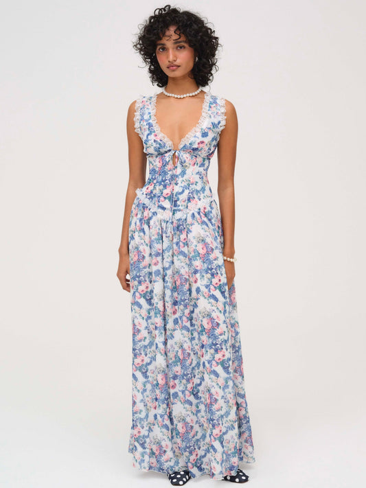 Audrey Floral Maxi Dress Blue - For Love & Lemons