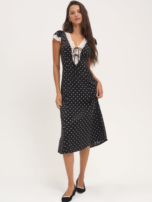 Cross Your Heart Midi Dress Black Dot - For Love & Lemons