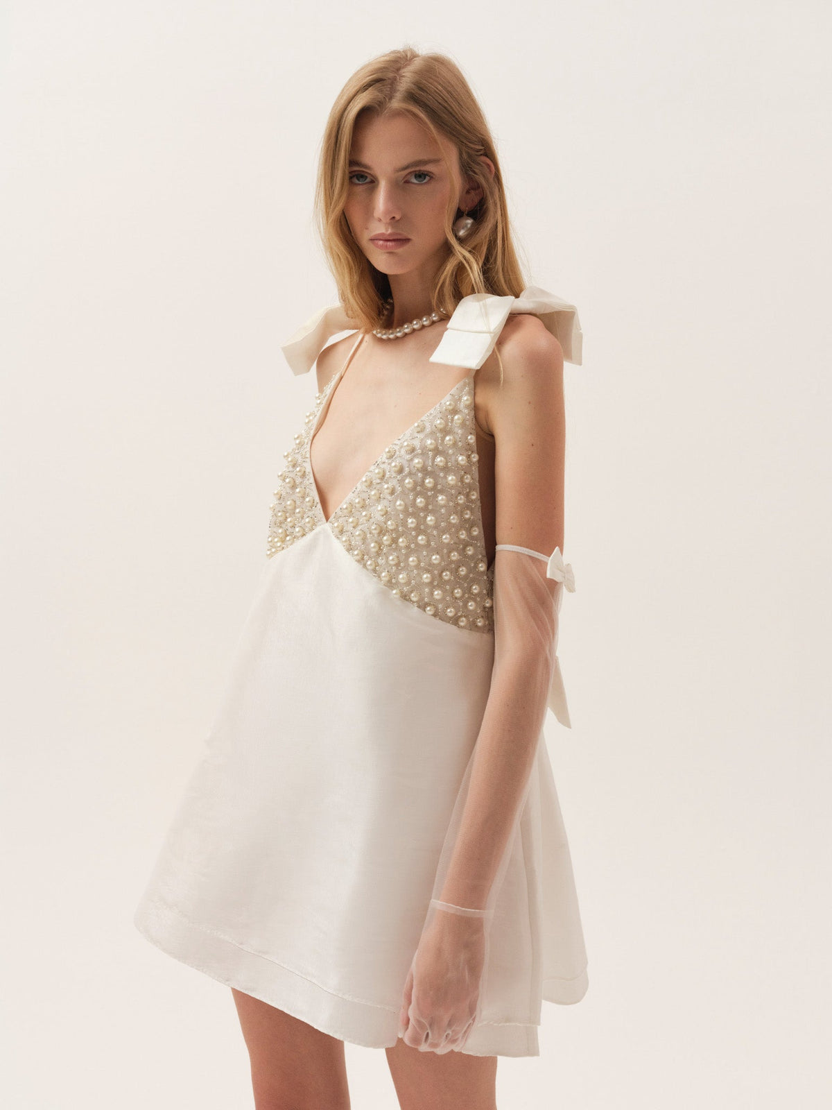 Pearly Bow Mini Dress White - For Love & Lemons