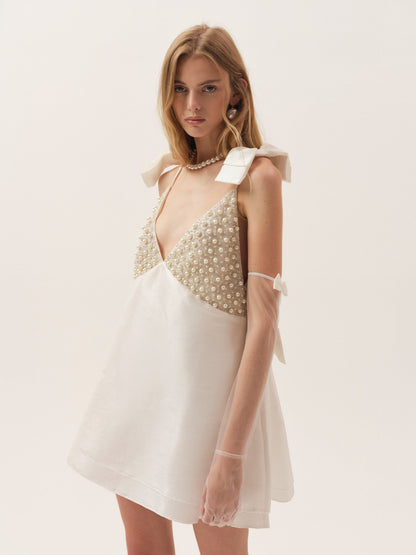 Pearly Bow Mini Dress White - For Love & Lemons
