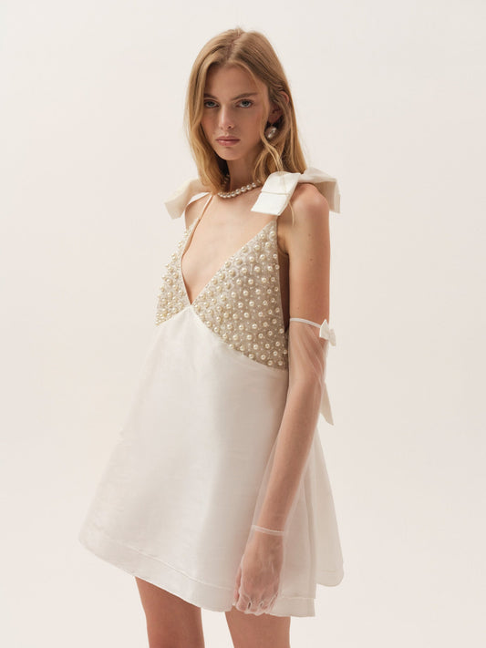 Pearly Bow Mini Dress White - For Love & Lemons