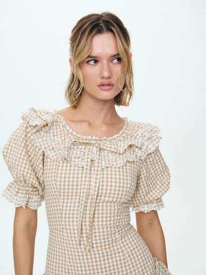 Bradford Gingham Mini Dress Tan - For Love & Lemons