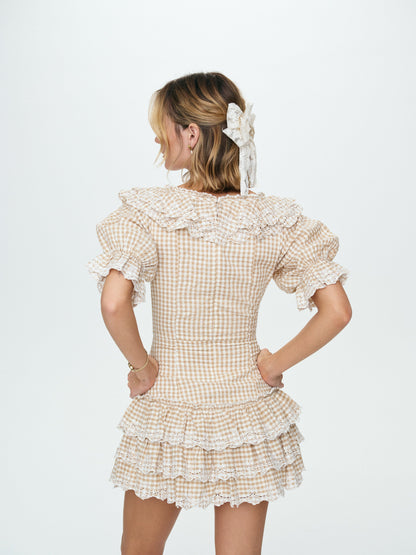 Bradford Gingham Mini Dress Tan - For Love & Lemons