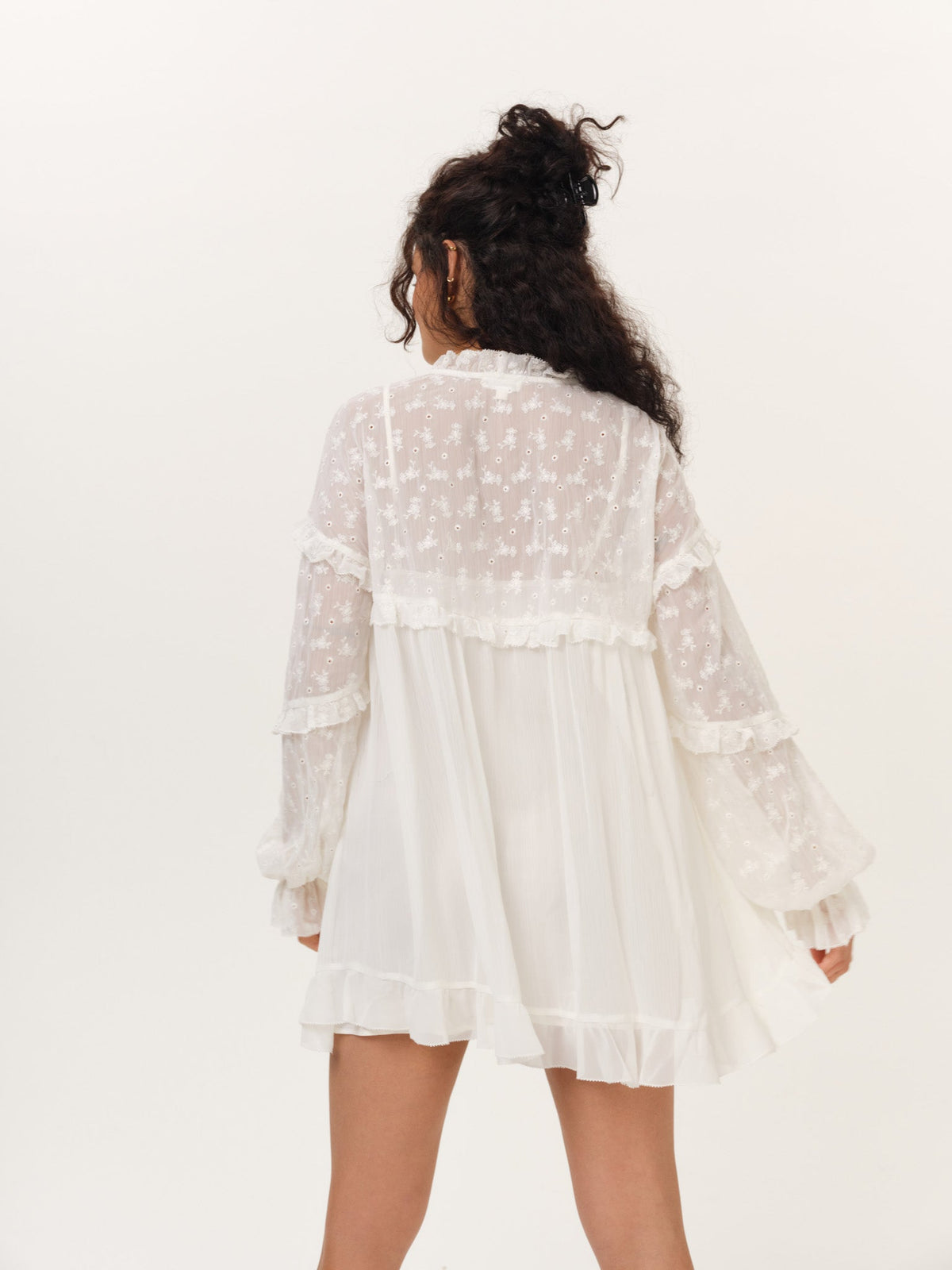 Hamptons Eyelet Long Sleeve Mini Dress Vanilla Ice - For Love & Lemons