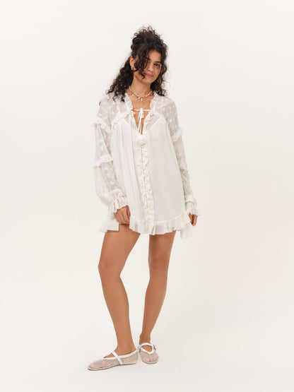 Hamptons Eyelet Long Sleeve Mini Dress Vanilla Ice - For Love & Lemons