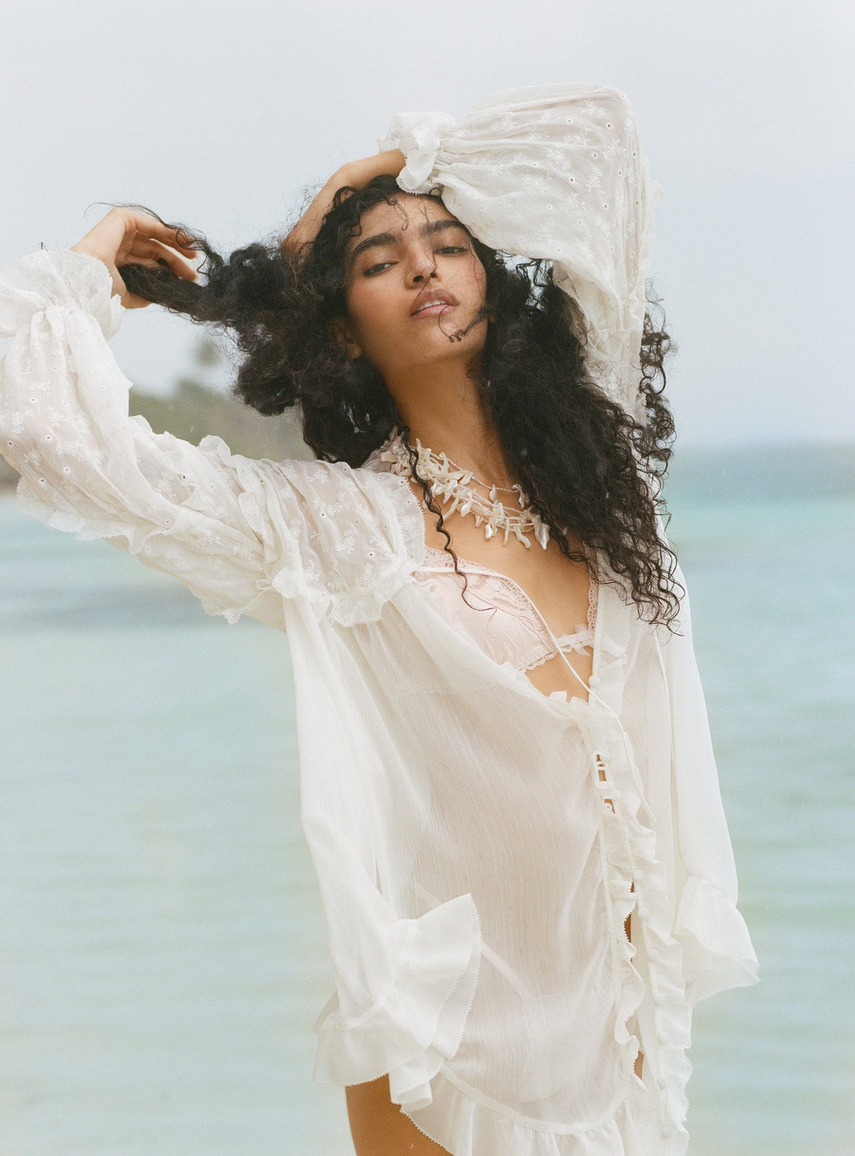 Hamptons Eyelet Long Sleeve Mini Dress Vanilla Ice - For Love & Lemons
