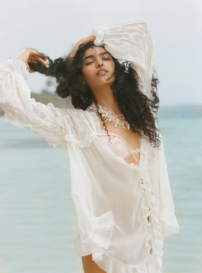 Hamptons Eyelet Long Sleeve Mini Dress Vanilla Ice - For Love & Lemons