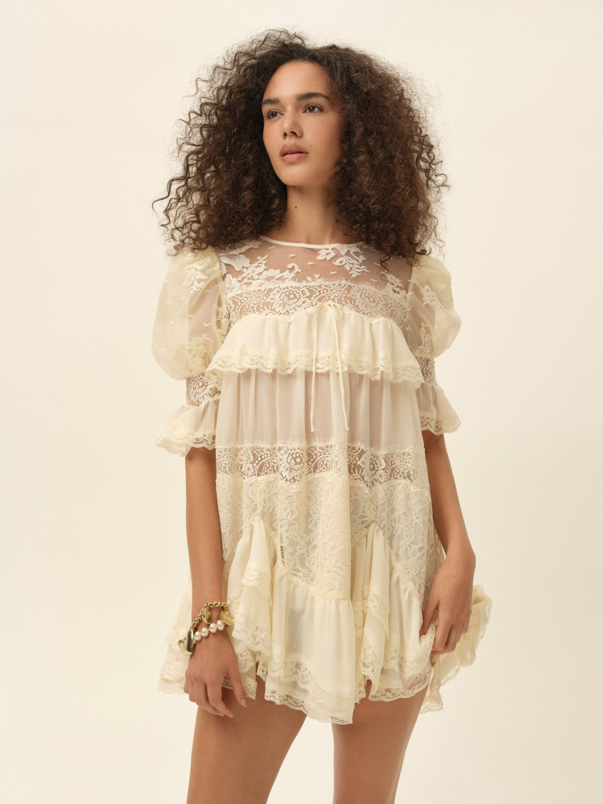 Elara Ruffle Mini Dress Vintage Cream - For Love & Lemons