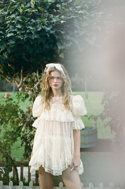 Elara Ruffle Mini Dress Vintage Cream - For Love & Lemons