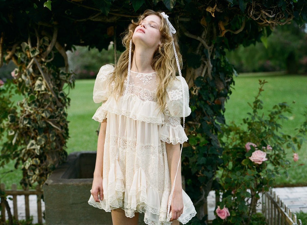 Elara Ruffle Mini Dress Vintage Cream - For Love & Lemons