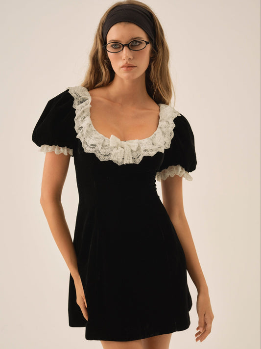 La Vie En Bow Velvet Mini Dress Black - For Love & Lemons