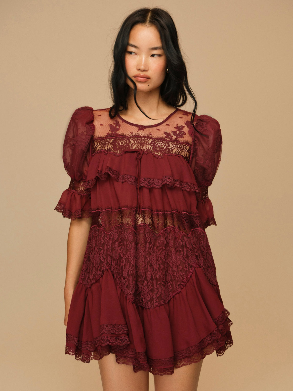 Elara Lace Puff Sleeve Mini Dress Burgundy - For Love & Lemons