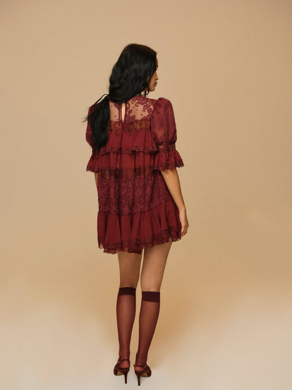 Elara Lace Puff Sleeve Mini Dress Burgundy - For Love & Lemons