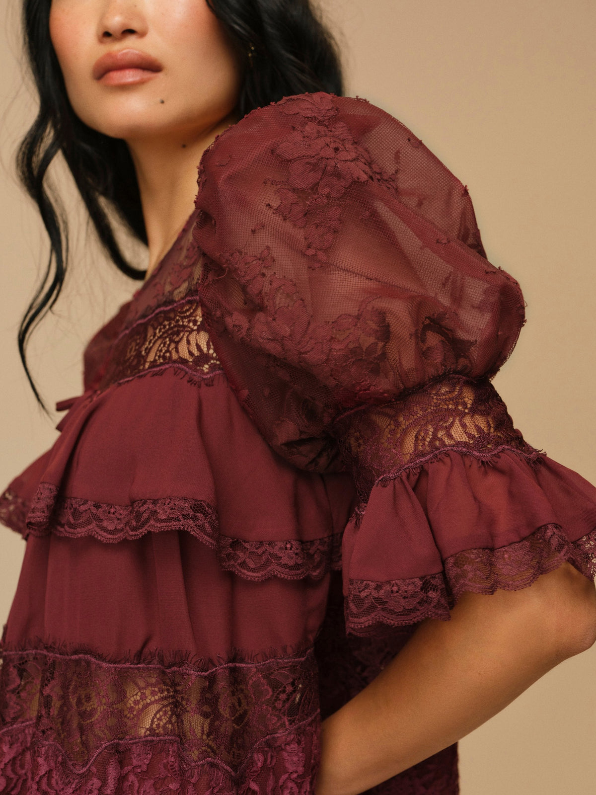Elara Lace Puff Sleeve Mini Dress Burgundy - For Love & Lemons