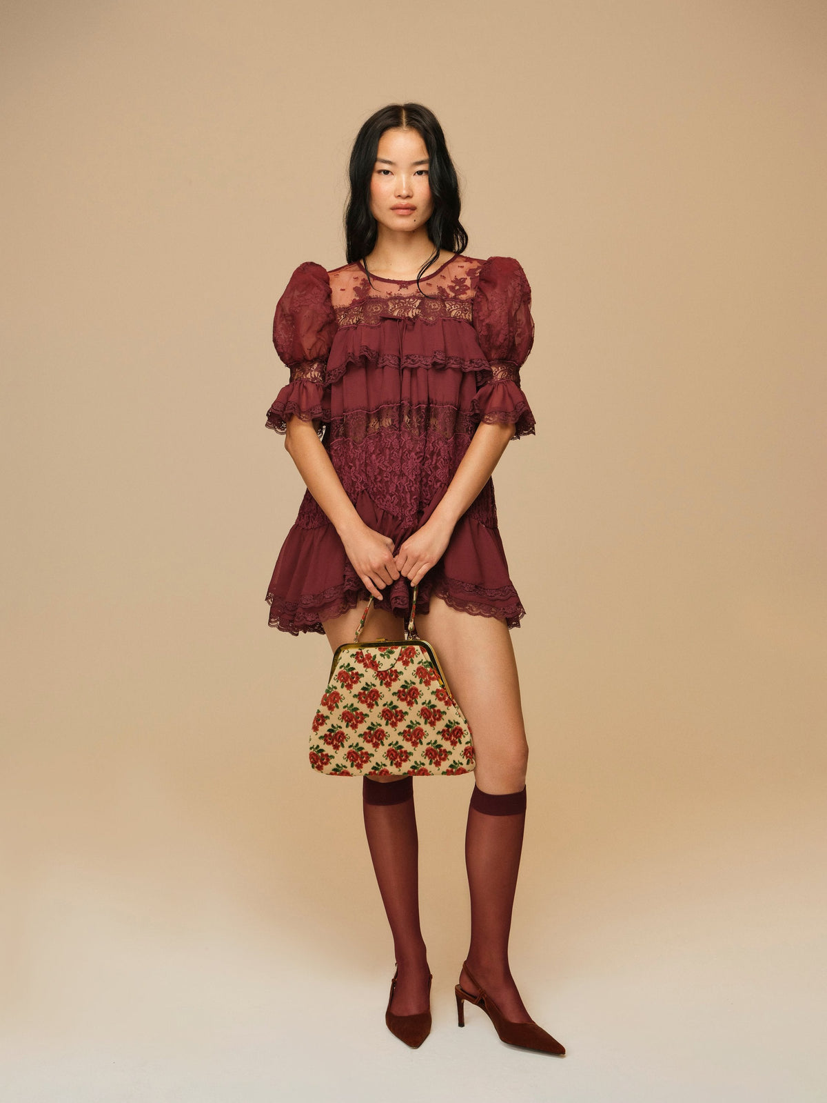 Elara Lace Puff Sleeve Mini Dress Burgundy - For Love & Lemons