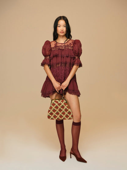Elara Lace Puff Sleeve Mini Dress Burgundy - For Love & Lemons