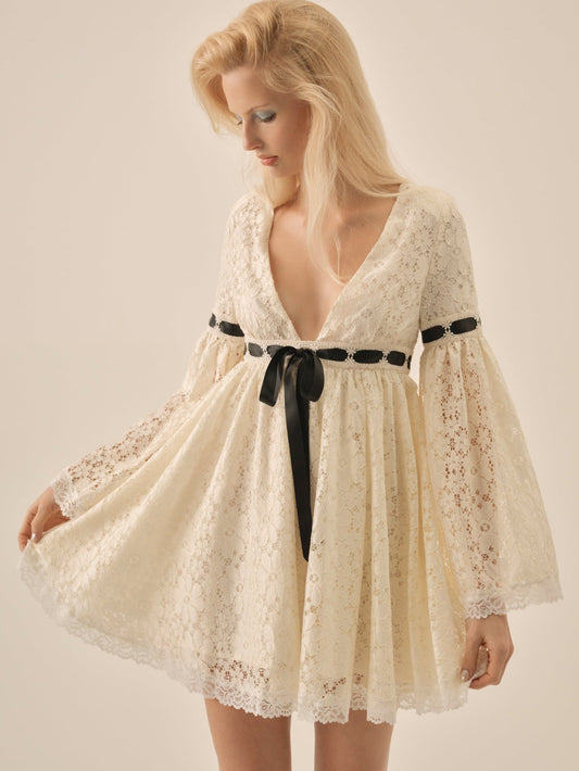 Creampuff Lace Mini Dress Cream - For Love & Lemons