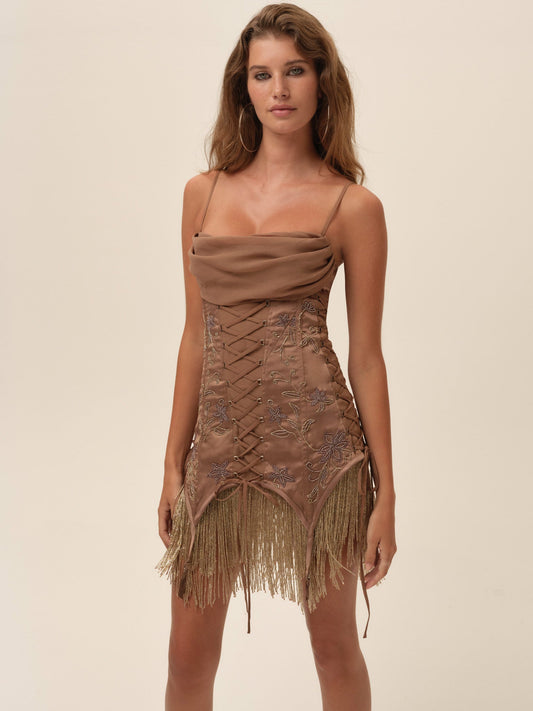 Olea Mini Dress Brown - For Love & Lemons