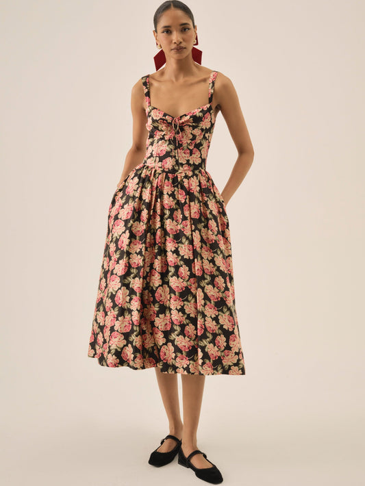 Belmond Floral Midi Dress Black - For Love & Lemons