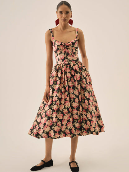 Belmond Floral Midi Dress Black - For Love & Lemons