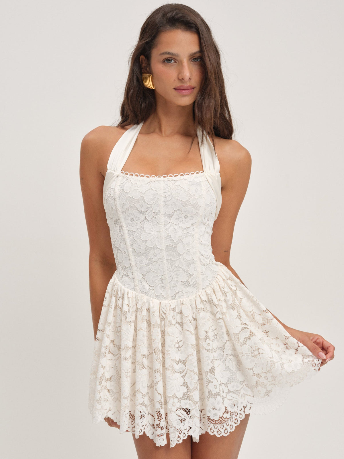 Lakeside Lace Halter Mini Dress Cream - For Love & Lemons