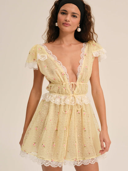 Poppy Lace Mini Dress Yellow - For Love & Lemons