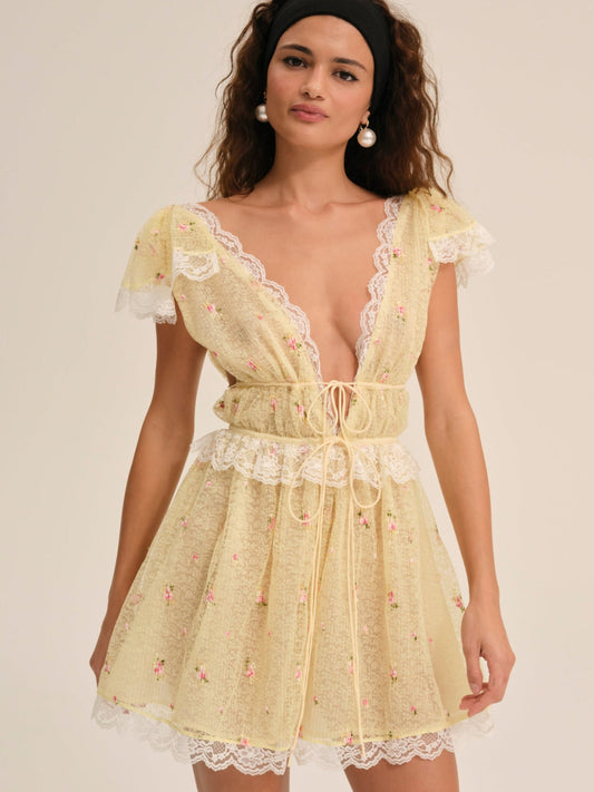 Poppy Lace Mini Dress Yellow - For Love & Lemons