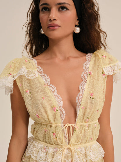 Poppy Lace Mini Dress Yellow - For Love & Lemons