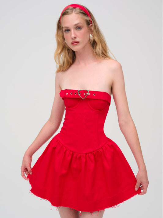 Lipstick Denim Mini Dress Red - For Love & Lemons