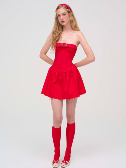 Lipstick Denim Mini Dress Red - For Love & Lemons