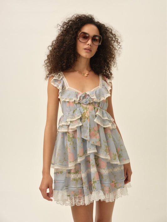 Wild Rose Mini Dress Blue - For Love & Lemons