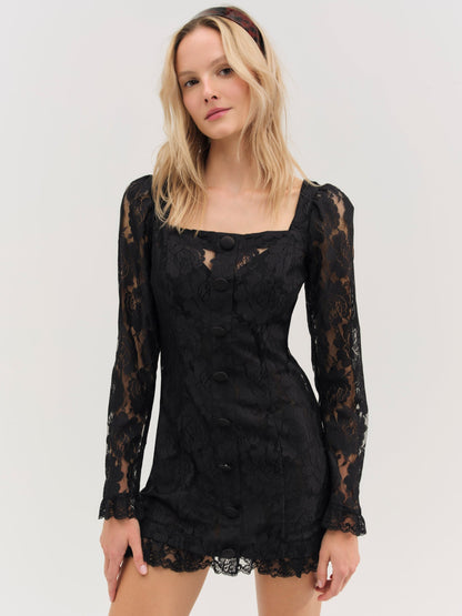 Claudia Rose Lace Long Sleeve Mini Dress Black - For Love & Lemons