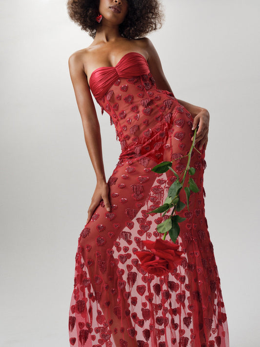 Fringe Hearts Maxi Dress Red - For Love & Lemons