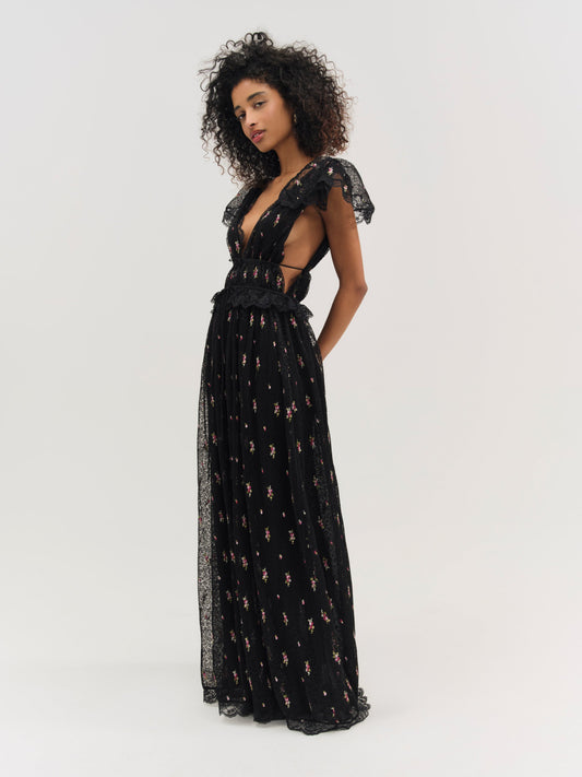 Poppy Pleated Lace Maxi Dress Black - For Love & Lemons