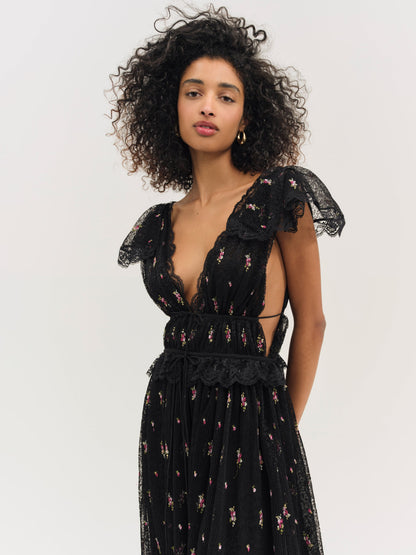 Poppy Pleated Lace Maxi Dress Black - For Love & Lemons