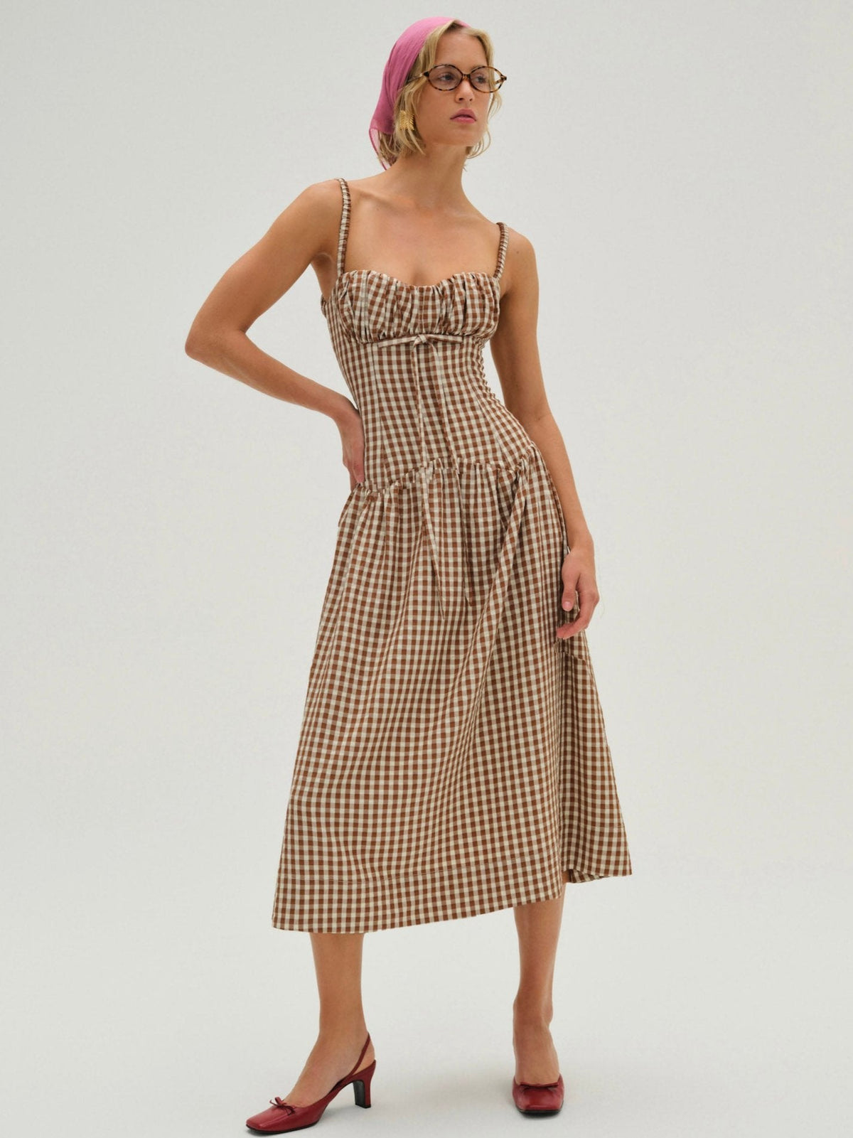 Gingerbread Gingham Midi Dress Brown - For Love & Lemons