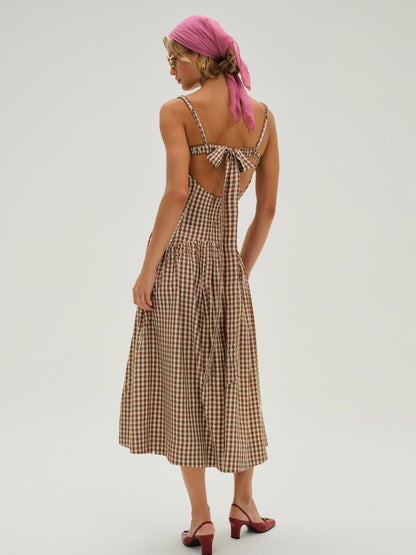 Gingerbread Gingham Midi Dress Brown - For Love & Lemons