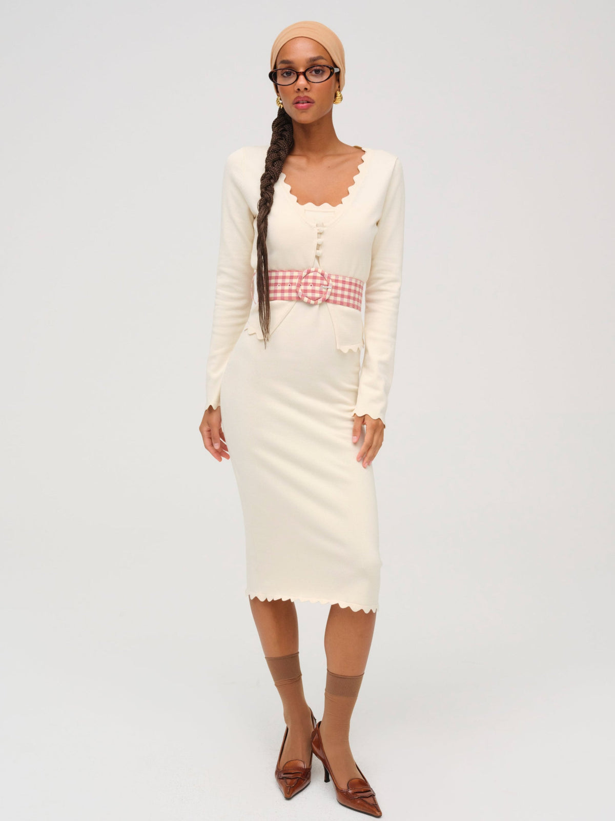 Sisi Scallop Knit Midi Dress Cream - For Love & Lemons